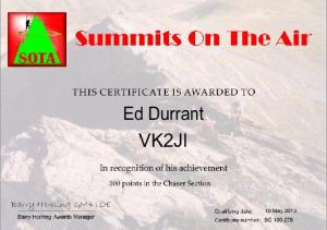 VK2JI SOTA 100 Chaser points award